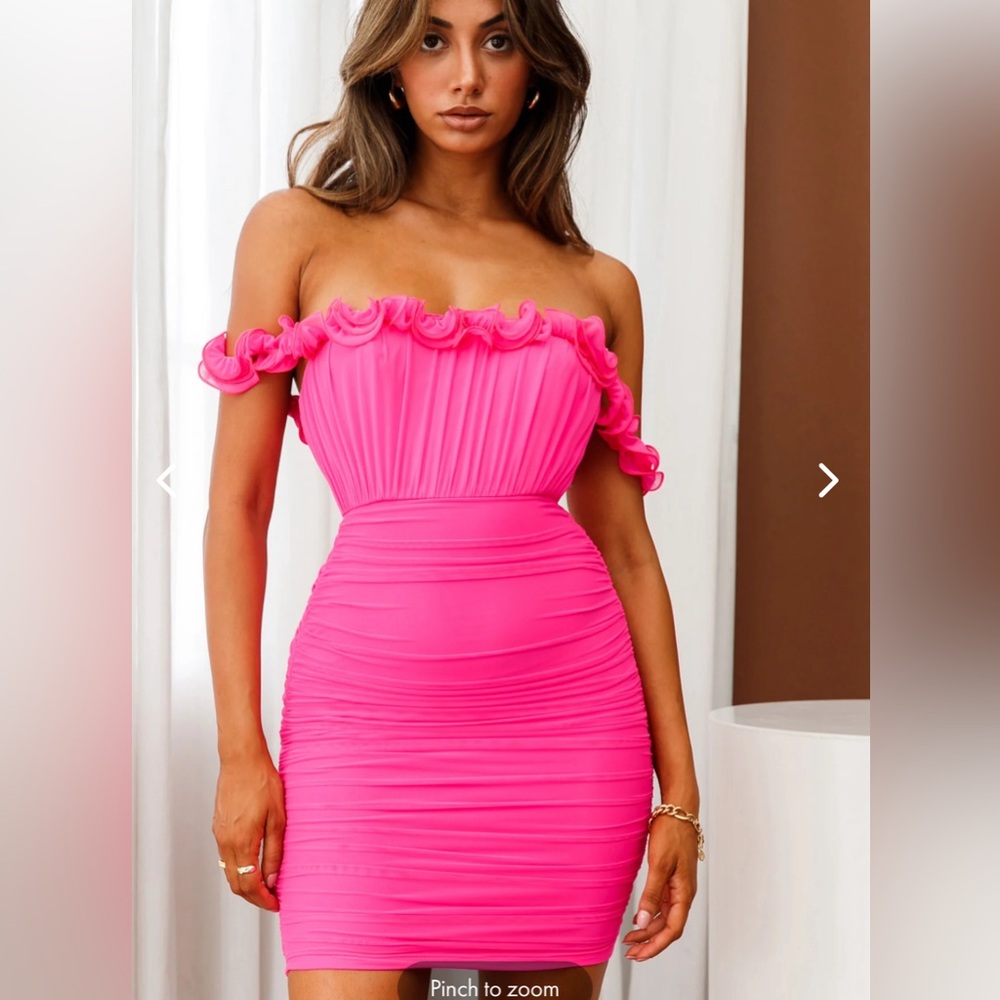 SENORITA OFF-SHOULDER LETTUCE EDGE DETAIL RUCHED MINI DRESS HOT PINK